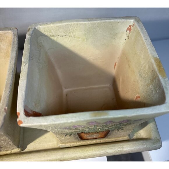 Ceramic Planter Set 4 Piece Set With Tray Featuring Floral Designs 13.5" Long - Picture 5 of 11